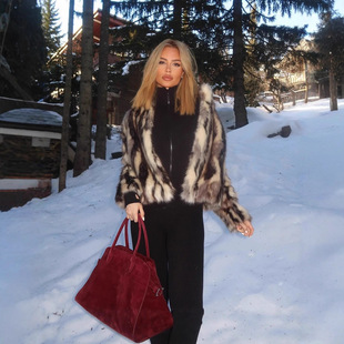 跨境网红欧美风新款女装人造皮草时尚外套秋冬款黑白斑纹上衣