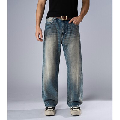 【破土】Dokie秋冬宽松直筒深蓝复古水洗做旧阔腿裤原创牛仔裤男