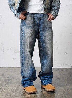 【6期免息】DOKIE14盎司重磅做旧美式复古蓝宽松直筒牛仔裤擦色