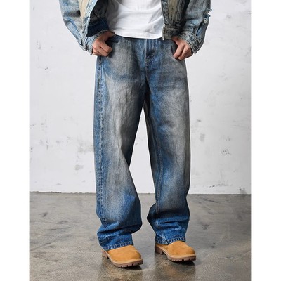 【6期免息】DOKIE14盎司重磅做旧美式复古蓝宽松直筒牛仔裤擦色