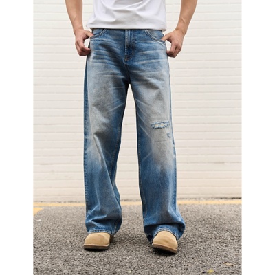 DOKIE美式复古破洞直筒牛仔裤