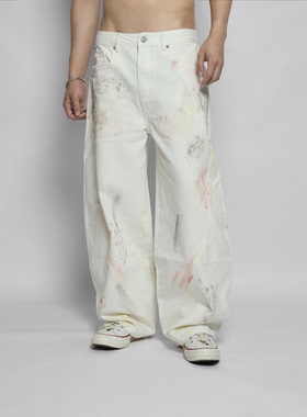 【32021】Dokie14盎司重磅水洗擦色白色弯刀裤美式宽松休闲牛仔裤