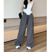 薄款 女夏季 2025新款 高腰美式 灰色速干工装 冰丝运动阔腿伞兵裤 裤