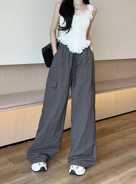 灰色速干工装裤女夏季薄款2025新款高腰美式冰丝运动阔腿伞兵裤