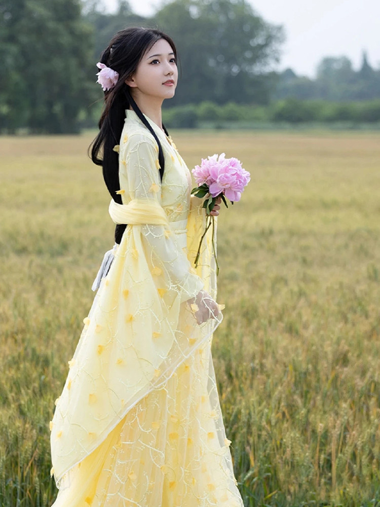 改良黄色汉服成人女2024新款魏晋仙侠古装广袖流仙裙古风舞蹈演出