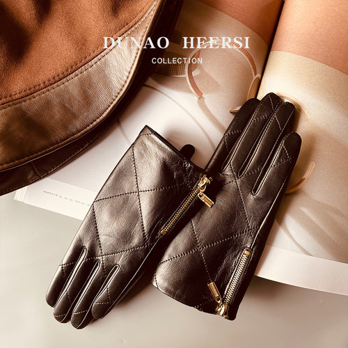 女士小羊皮触屏手套冬季加绒保暖