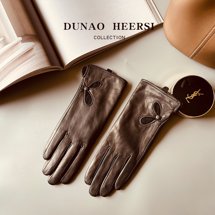 进口清水小山羊皮真皮手套女秋冬季加绒保暖开车蝴蝶结时尚皮手套