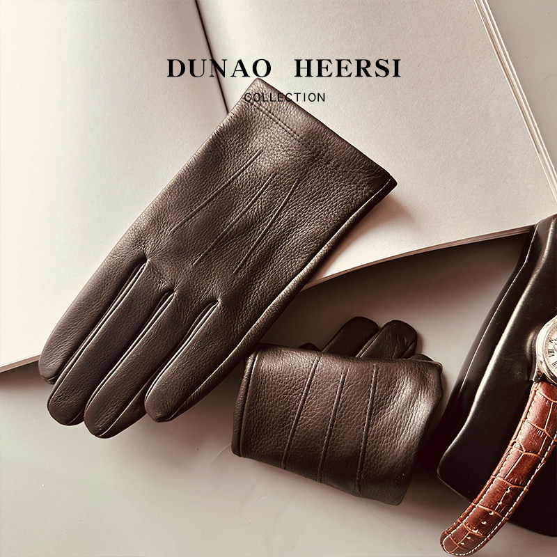 thumbnail for Glutinous feeling 100% imported clear water lambskin deer skin leather gloves men's winter fleece warm driving thin pure leather