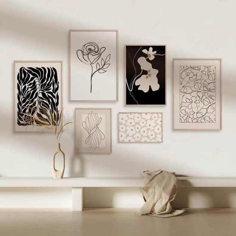 北欧小众复古抽象几何挂画手绘花卉线条组合装饰画公寓客厅背景画图片