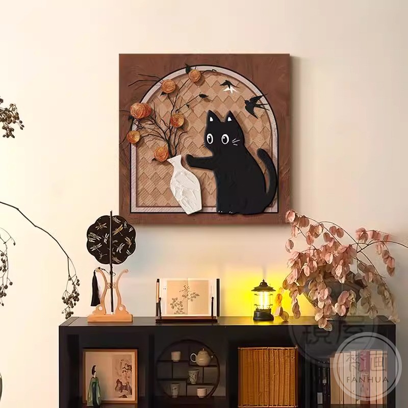 中古风猫咪装饰画法式复古柿柿如意客厅桌面摆画餐厅壁画卧室挂画图片