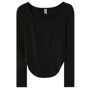 春季新款韩版圆领纯白修身显瘦燕尾摆纯色长袖体恤上衣女打底衫