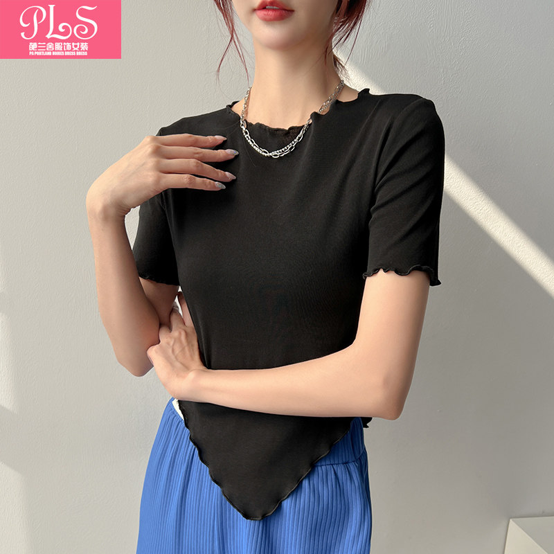 纯白修身设计感t恤女圆领修身显瘦不规则下摆短袖荷叶边纯色内搭