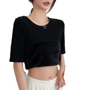 冬季新款韩版圆领修身显瘦纯色保暖加绒加厚中袖体恤上衣女打底衫