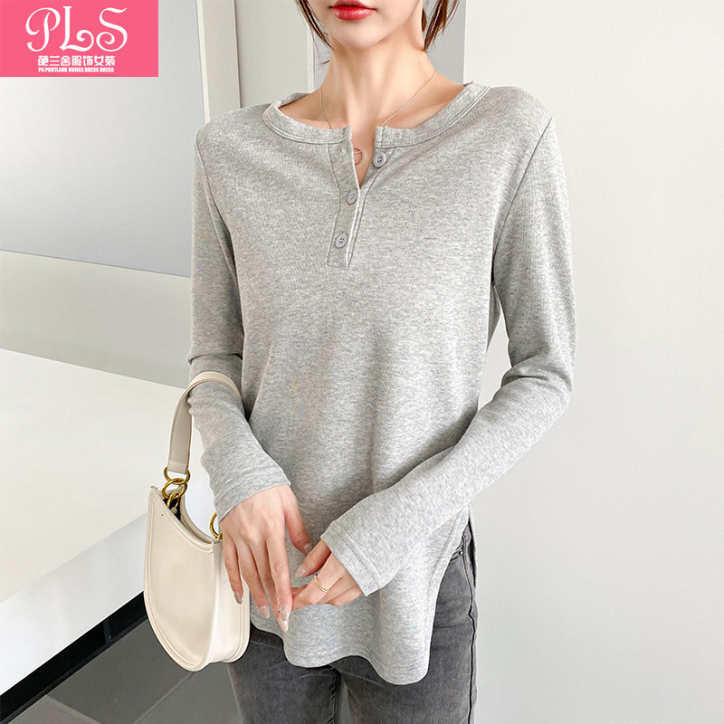 春季新款韩版宽松大码女装纯白纽扣长袖t恤女中长款下摆圆弧上衣