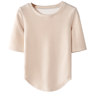 纯欲风T恤女圆领修身显瘦燕尾下摆中袖T恤纯色加绒加厚保暖打底衫