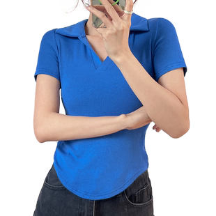 葩兰舍春夏新款翻领修身纯白纯欲燕尾摆短袖体恤上衣内搭女打底衫