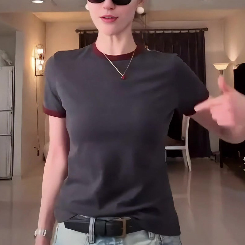 拼接撞色短袖正肩t恤上衣女士夏季休闲简约显瘦内搭打底衫,女装/女士精品,大码内搭,淘宝优惠券,粉丝福利购,淘宝优惠卷