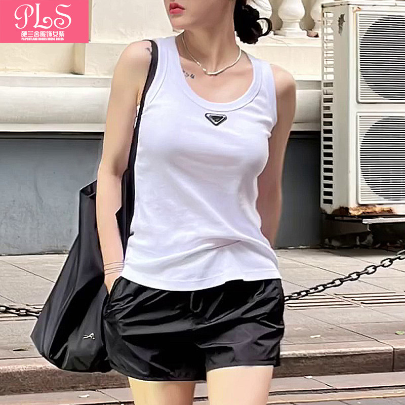 夏季新款韩版圆领修身性感纯欲运动纯棉纯色图标背心上衣内搭女装