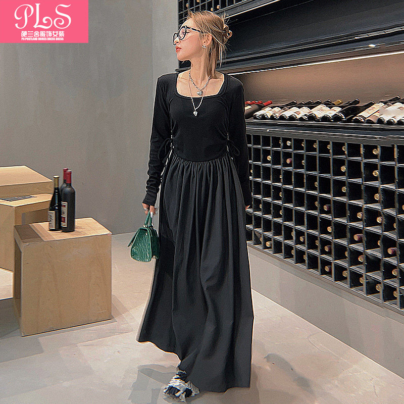 春秋新款方领修身褶皱拼接纯色长款大摆长袖打底内搭连衣裙女装