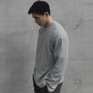 秋季新款clean fit潮流百搭半拉链华夫格长袖男士T恤上衣美式休闲