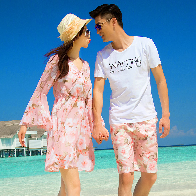 2018新款qlz夏装情侣沙滩套装海边度假连衣裙旅拍蜜月旅游衣服女