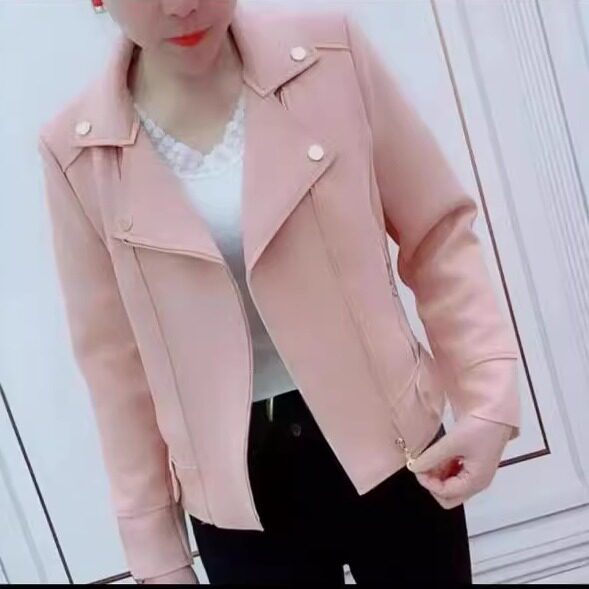 矮个子外套洋气高档春秋季女装收腰修身个性拉链口袋仿鹿皮短外套