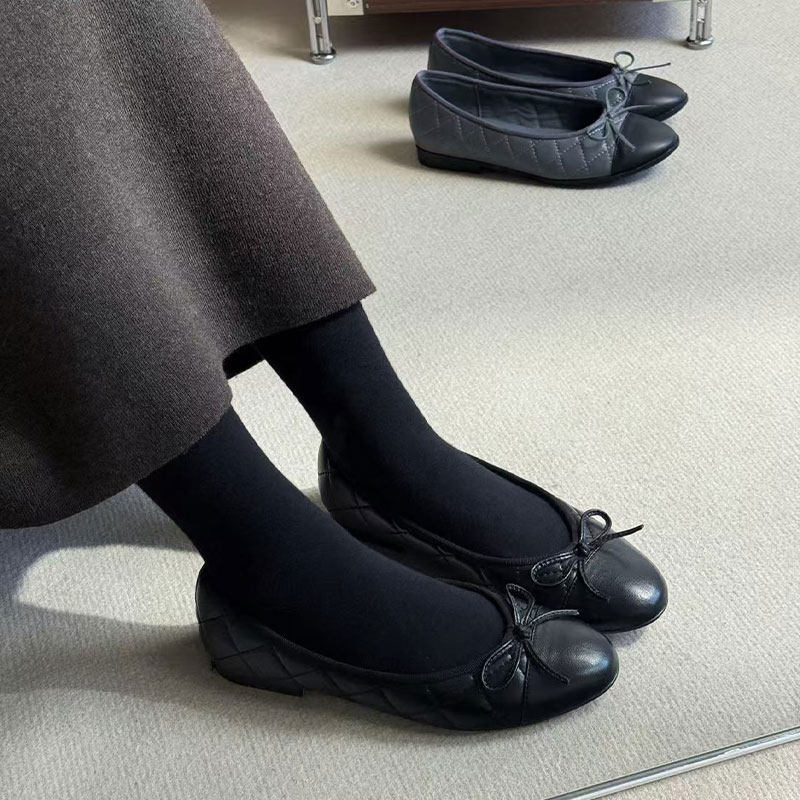 小香风菱格单鞋女真皮2026春季法式复古蝴蝶结浅口通勤粗跟平底鞋,女鞋,浅口单鞋,淘宝优惠券,粉丝福利购,淘宝优惠卷