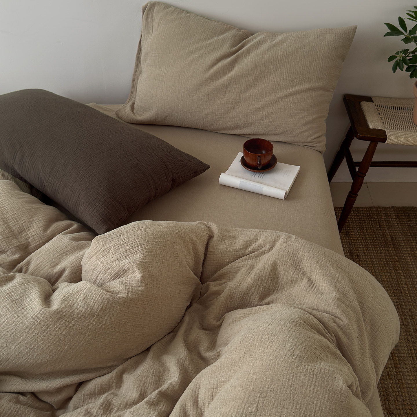 温暖软糯亲肤 全棉皱皱纱四件套床上用品床单式床笠款棉纱三4件套