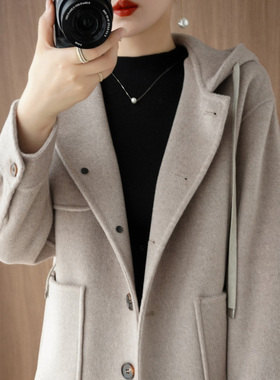 25新款羊绒大衣女短款宽松小个子连帽双面羊毛呢子高端休闲外套