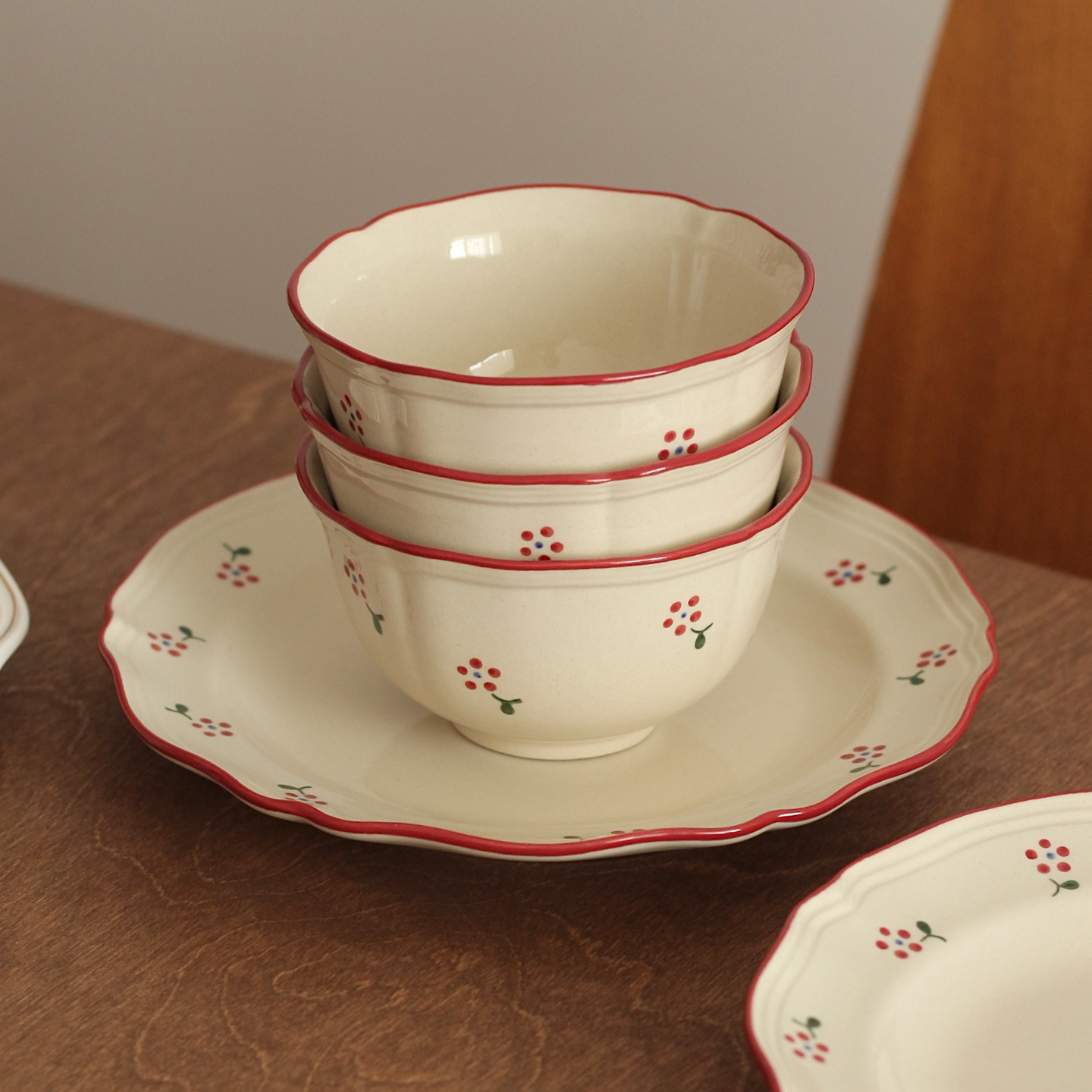 胡桃集市法式复古风碎花早餐盘釉下彩餐具甜品盘菜盘米饭碗沙拉盘