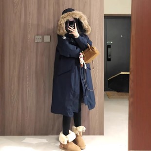 过膝棉服女工装 韩系长款 派克服棉衣大毛领棉袄厚外套 新款 2025冬季
