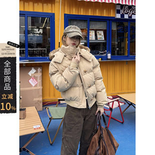 羽绒派克服上衣 复古宽松毛领加厚可拆卸棉服外套女冬短款 XFX 美式