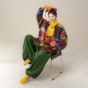 日系复古风彩色格子拼接毛呢外套女秋冬新款 宽松加厚保暖棉服上衣