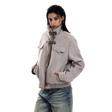 0123start 麂皮加绒立领座山雕夹克外套女美式复古机车服棉衣冬季