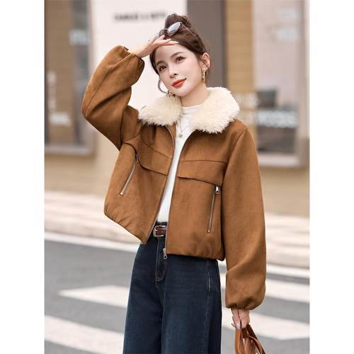 鹿皮绒毛领短款加绒外套