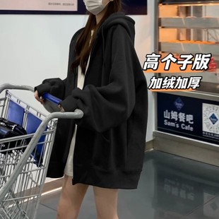 连帽外套 盖臀卫衣休闲中长款 THE MOON高个子黑色加绒加长宽松长袖