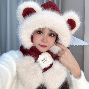 帽子女款2025款网红款可爱小熊耳朵毛绒帽女秋冬帽子围脖一体保暖