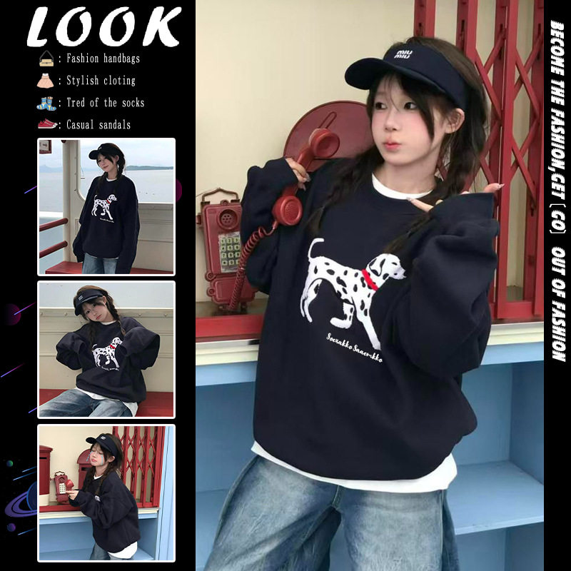 美式斑点狗印花圆领加绒卫衣女宽松百搭黑色套头休闲长袖上衣服潮