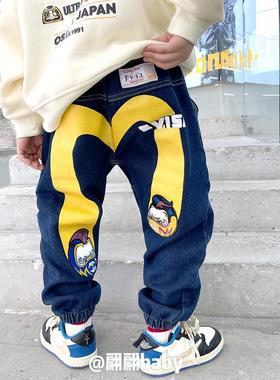 25春秋季新款日系潮黄色大M印花章仔男儿童装纯棉休闲束脚牛仔裤