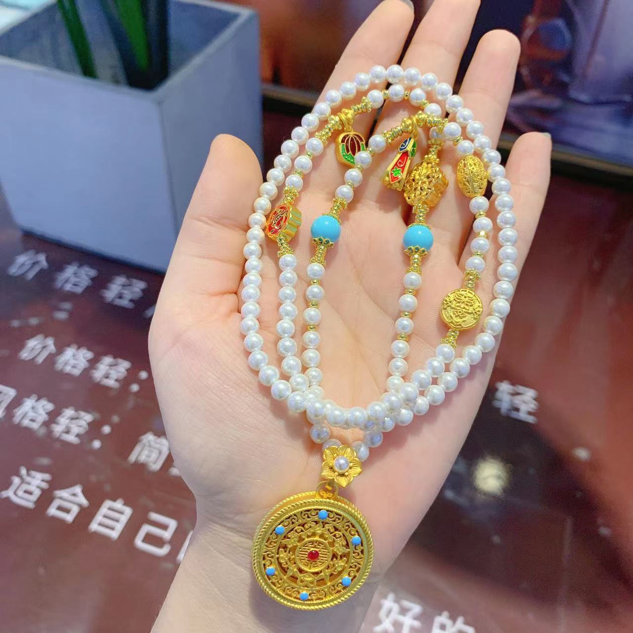 珍珠多宝一款多戴花丝镂空五福圆满吊坠沙金配件项链中式裙链女