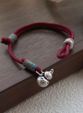 S999足银葫芦红绳手链女新中式国风设计复古手环简约手工编织