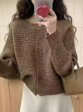 蝙蝠袖小香风针织开衫女圆领气质韩系气质宽松显瘦上衣毛衣外套潮