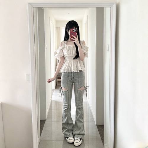 秋冬日系显瘦高腰镂空蝴蝶结喇叭