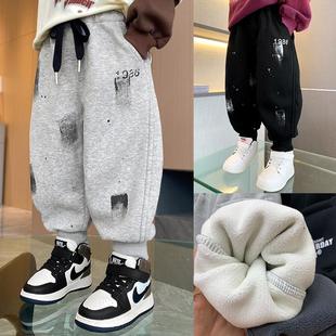 男宝加绒裤子秋冬季洋气炸街时髦卫裤加厚休闲裤儿童一体绒脏脏裤