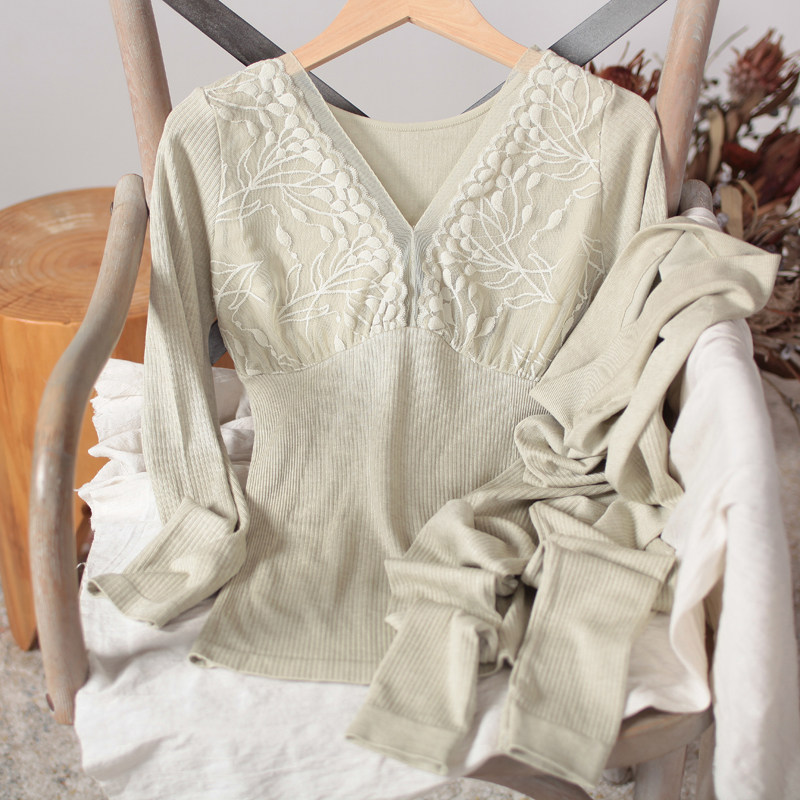 부드럽고 가벼우며 몸매를 가꾸는 온열 속옷 온열 긴팔 가을 겨울 여성 가을 ??옷과 레이스 자수 바지