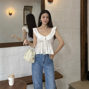 MonMonde2025夏季 上衣T恤女上班通勤 白色多层荷叶边气质短袖 短款