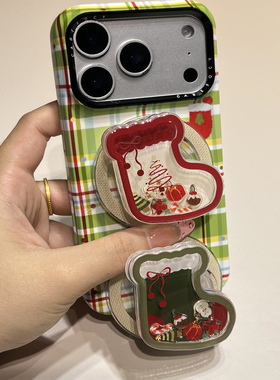 韩国圣诞绿色格纹袜子磁吸支架适用iphone16pro手机壳苹果17新款15创意14pro女款17超火15promax防摔保护套