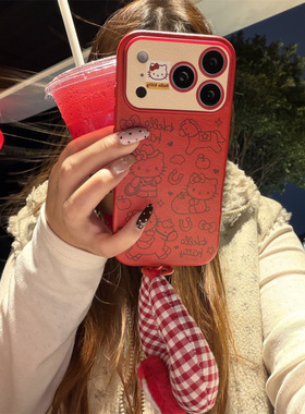 韩国新年红色皮质线条卡通猫适用iphone16pro手机壳苹果17新款15创意女款17超火15promax防摔保护套小红书