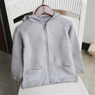 包邮okaidi法单秋冬新款女童中大童浅灰色长款拉链开衫连帽针织衫