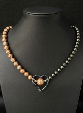 小众设计灰色串珠爱心项链女y2k锁骨链ins冷淡风简约桃心吊坠颈链